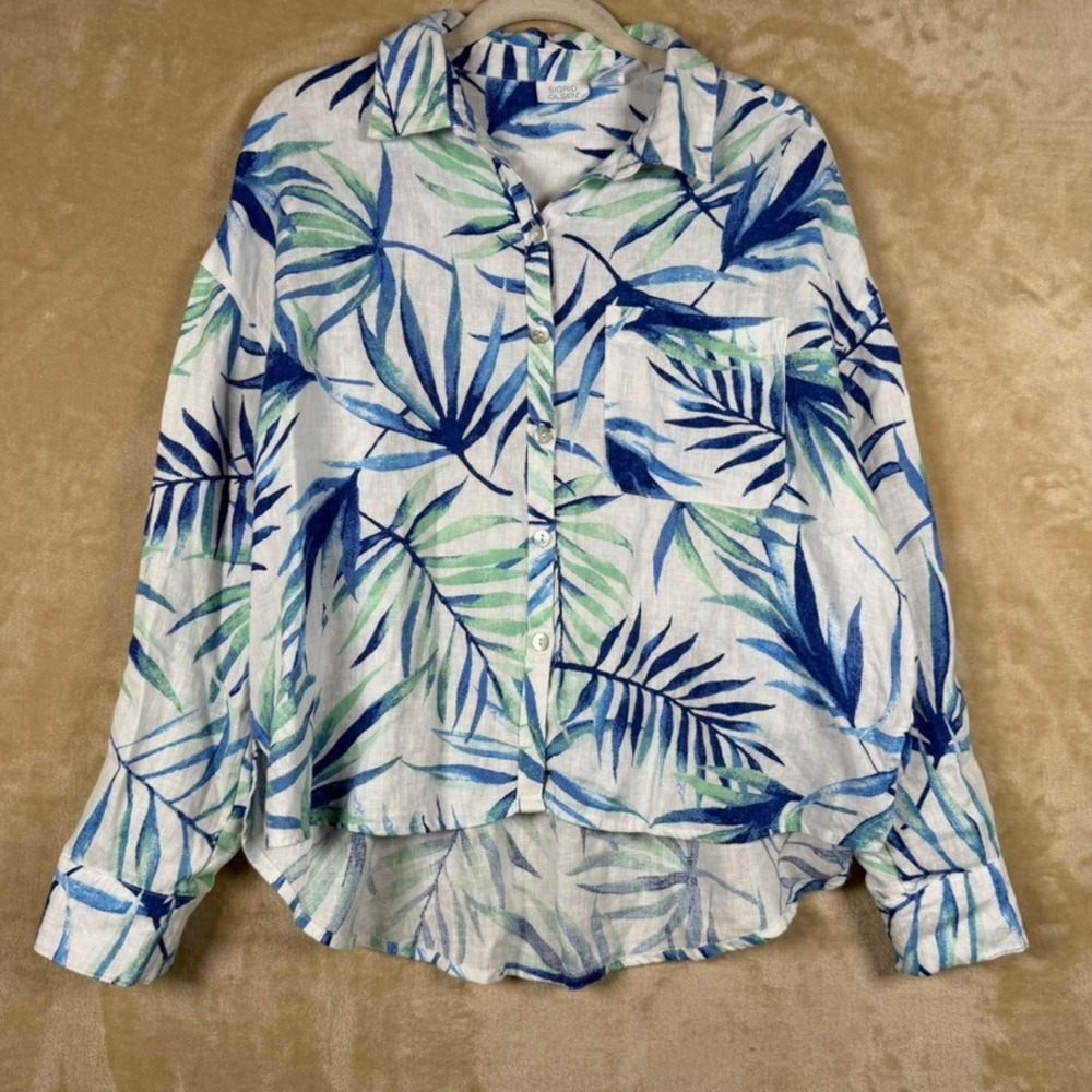Sigrid Olsen Women Small White Blue Green Tropical Palm Leaf 100% Linen Shirt